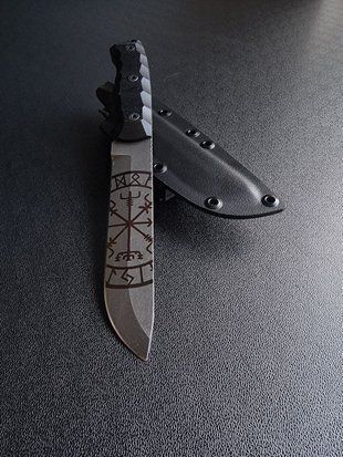 Veles: Tourist Knife for Long Trips (etching, black handle, black scabbard)
