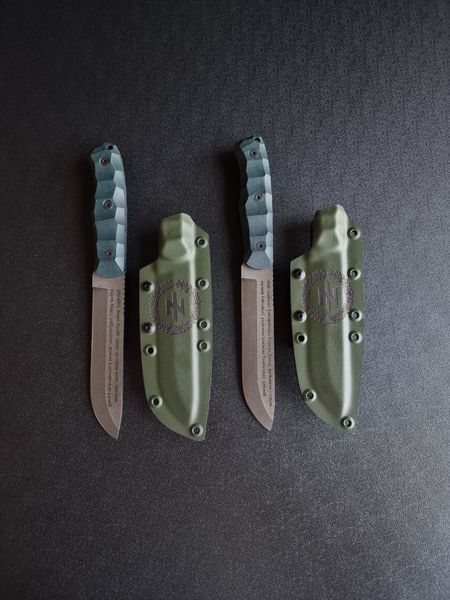 "Veles" tourist knife for life in nature (etching, emerald handle, green scabbard)