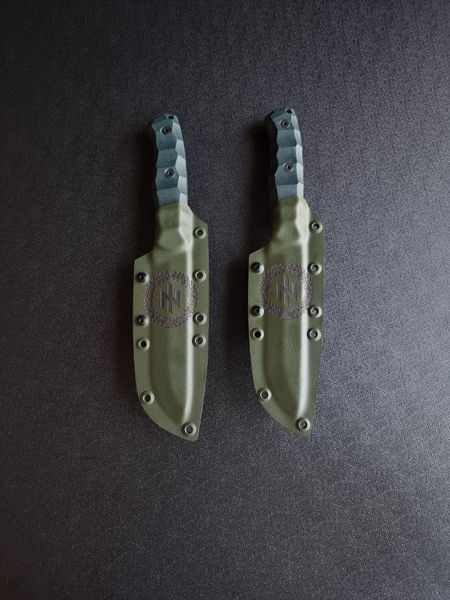 "Veles" tourist knife for life in nature (etching, emerald handle, green scabbard)