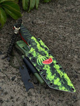 Survival Knife "Tanto" | Black and Green Micarta, Watermelon Design
