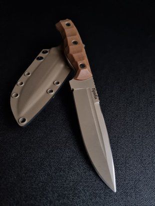 Shchedryk: Tourist Knife for Unknown Paths (tan polymer, orange handle, colored scabbard)