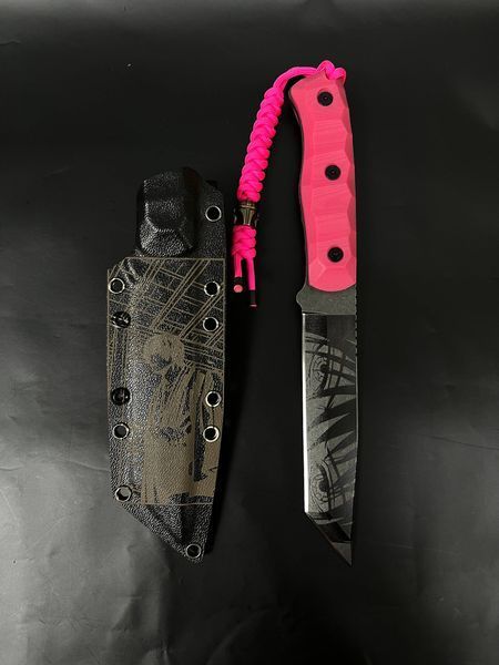Tactical Knife "Tanto" | Pink Micarta Anime Style Engraving