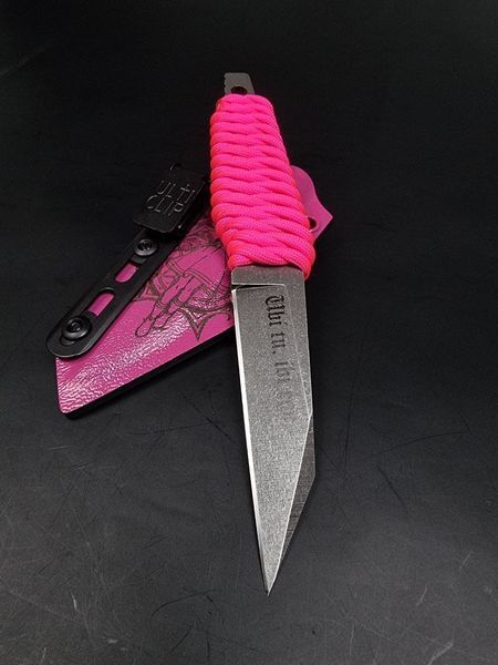 EDC Knife "Paton" | Pink Paracord and Sheath | Anime and Latin Engraving