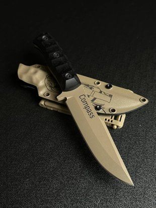 Aeneas &ndash; a tourist knife for travelers conquering new horizons (tan polymer, black handle, tan scabbard)