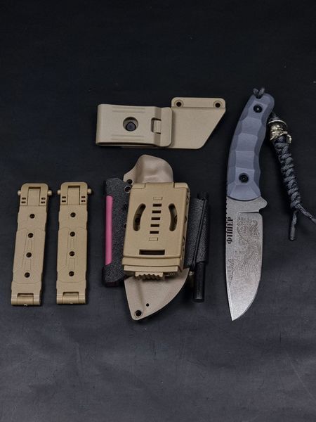 Survival Knife "Yarchuk" | Koi Carp & Compass Engraving (Grey Micarta Handle)