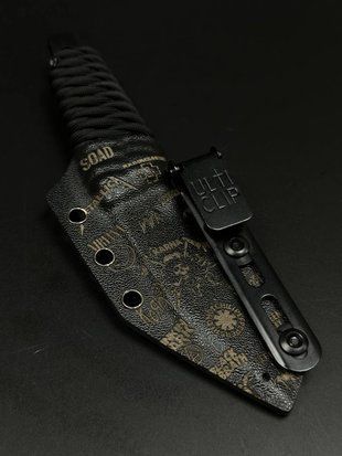 EDC Knife "Puluy" Black with paracord wrap and Rock Bands engraving