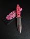 "Sirko: Hunting Knife for Real Pros" (etching, pink handle, colored scabbard)