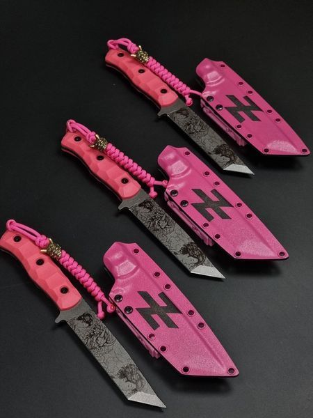 Survival Knife "Tanto" | Pink Micarta Oni and Geisha Engraving