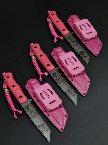 Survival Knife "Tanto" | Pink Micarta Oni and Geisha Engraving