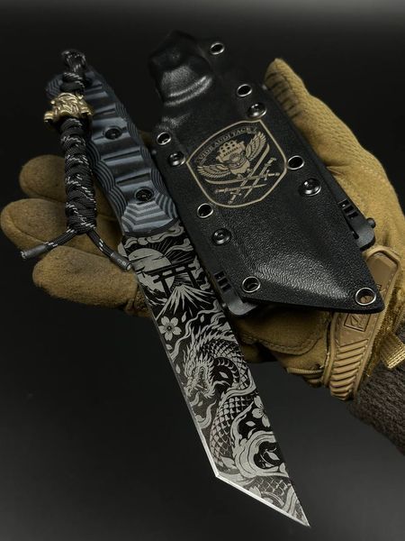 Tactical Knife "Tanto" | Black-Grey Micarta and GUR Sapiens Engraving
