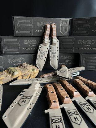 Tanto Knife &mdash; 2nd Mechanized Battalion Engraving (3rd Assault Brigade), tan polymer, cappuccino micarta, tan sheath, Tek-Lok + MOLLE