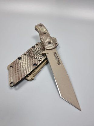Tanto knife with tan polymer blade coating and Scandinavian engraving of the Helm of Awe