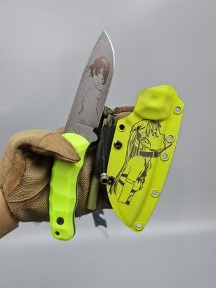 Tactical Knife Yarchuk Custom "Neon Waifu" - Lime, Anime Engraving, Olive Fire Starter