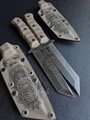 "Tanto" - Double Knives of Strength and Courage (etching, tan handle, tan scabbard)