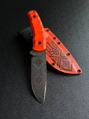 "Yarchuk: A Knife for True Travelers" (etching, orange handle, colored scabbard)