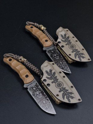 Bushcraft Knife "Yarchuk" Brown Micarta Skull and Floral Engraving