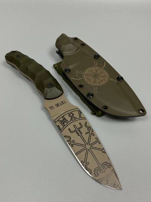 Tigrolov &ndash; Tactical Knife with "Vegvisir" Engraving. Tan Polymer Coating, Olive Color