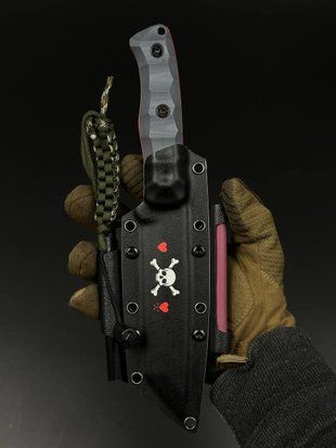 Tactical Knife "Tanto" | Red Accent Gray Micarta Skull and Hearts Engraving