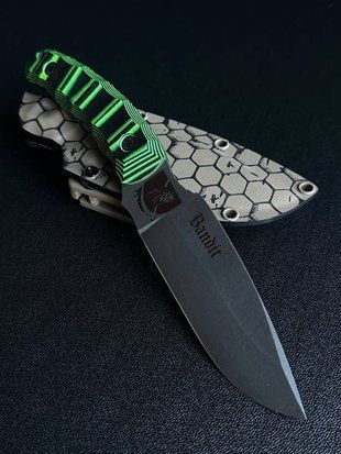 "Tiger Hunter" - buy a tourist knife for true wildlife explorers (etching, black-green handle, tan scabbard)