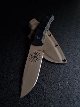 Buy a tourist knife Yarchuk: Legendary steel. (polymer tan, black handle, tan scabbard)