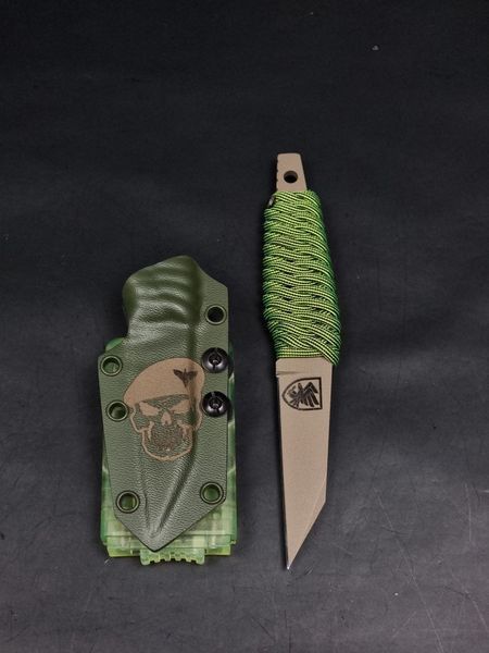 Tactical Knife "Paton" | Coyote, Green Paracord, Skull in Beret Engraving