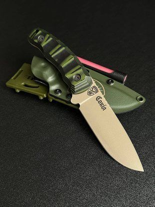 "Yarchuk" &ndash; A knife for exploring new horizons (tan polymer, black-green handle, colored scabbard)