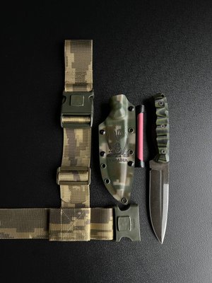 "Schedryk" universal hunting knife (etching, camouflage scabbard, black-green handle)