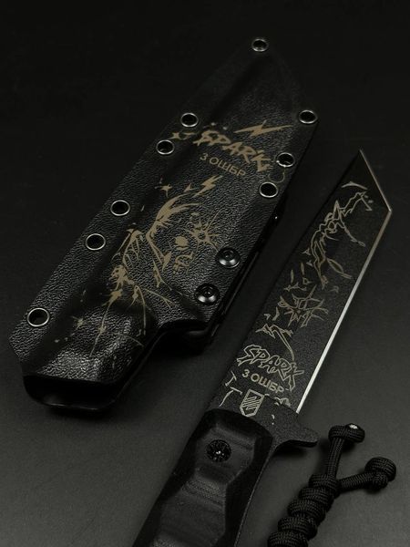 Combat Knife "Tanto" | Black Micarta, 3rd Assault Brigade & Spark Engraving
