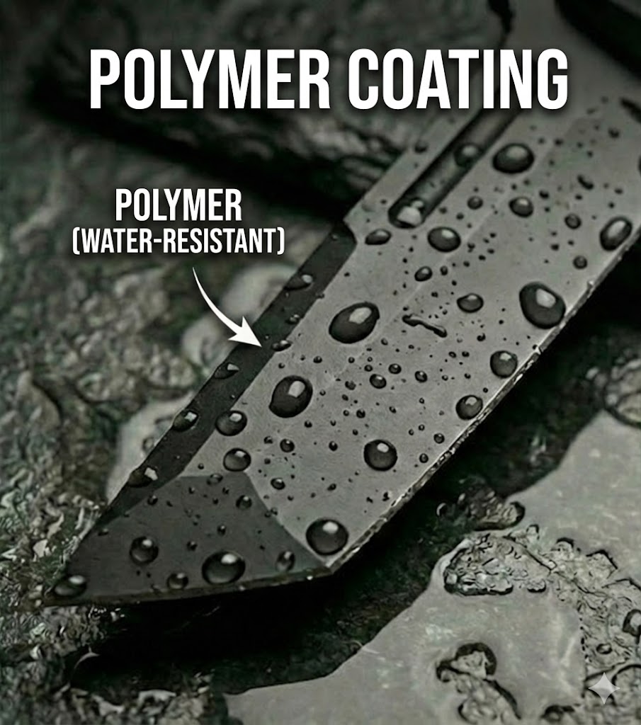 Knife with black water-resistant polymer coating.