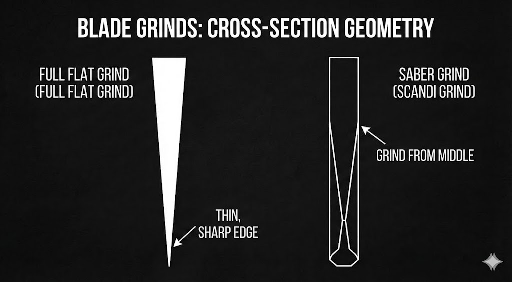 Blade grind cross-section geometry: Full Flat Grind vs. Scandi Grind comparison.